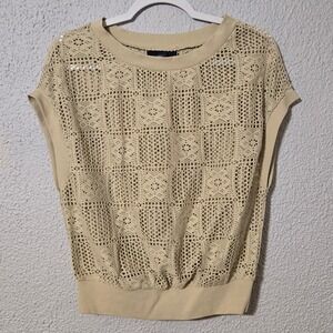 Daytrip Crochet Knit Top S Tan Beige Boho Open Weave Coastal Grandmother Summer